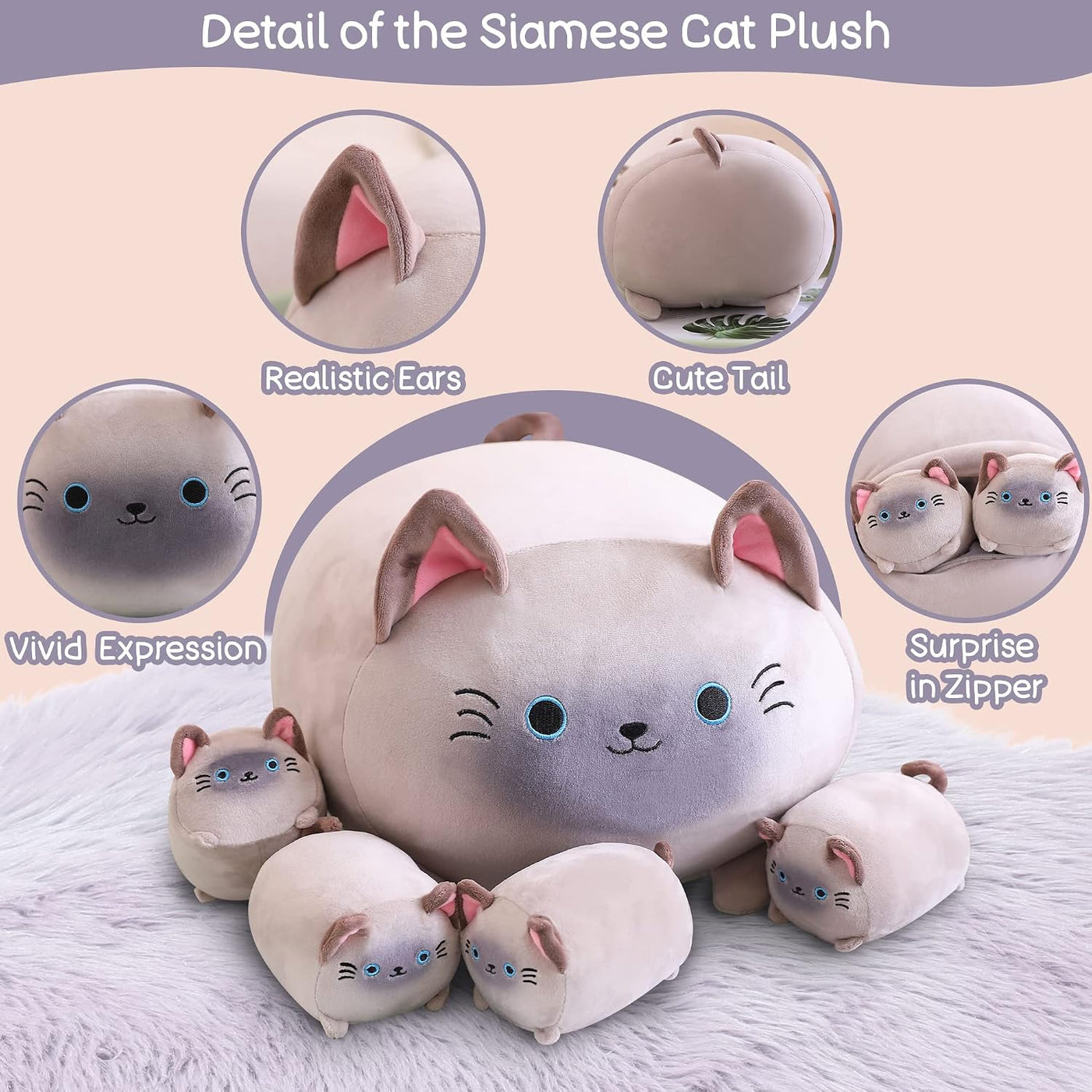 SQEQE Peluche de gato siamés, lindos animales de peluche para mamá...