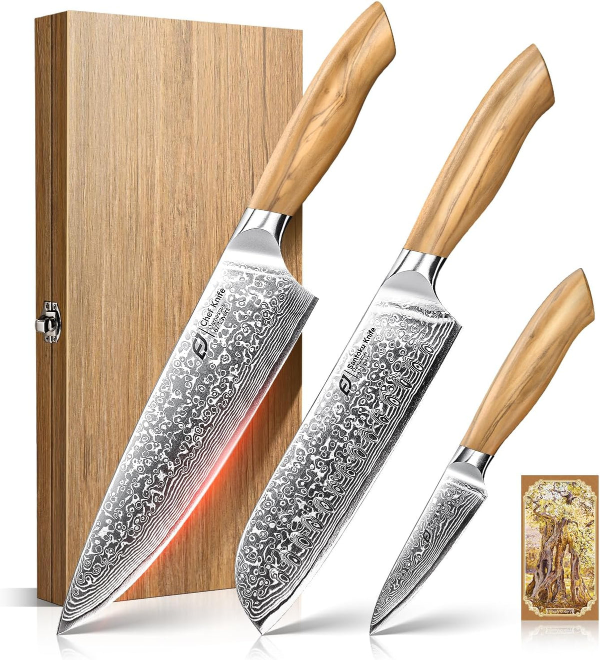 Juego de cuchillos de cocina de Damasco Emojoy, 3 piezas de cuchill...