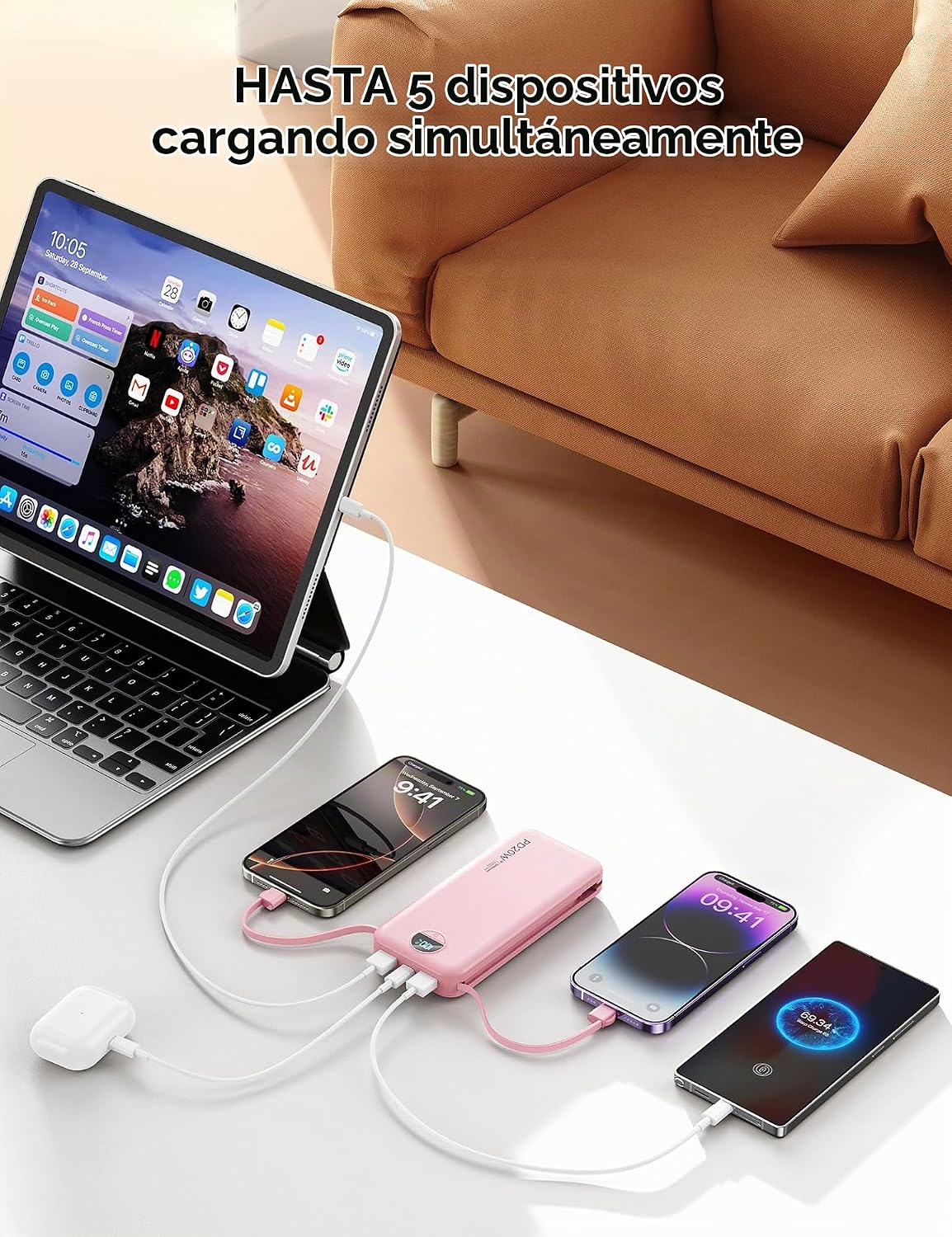 Cargador portátil Power Bank 10000mAh con cables integrados y enchu...