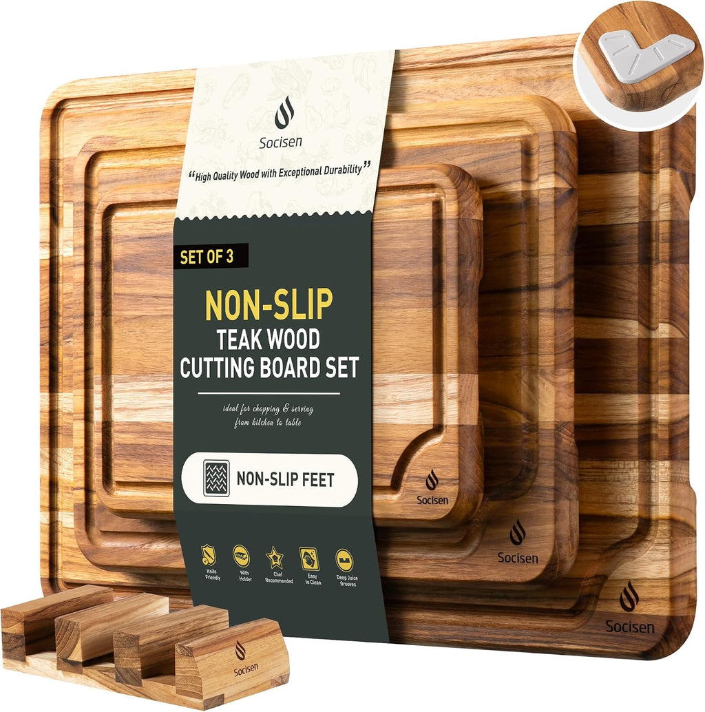 Juego de 3 tablas de cortar de madera de teca para cocina, tabla de...