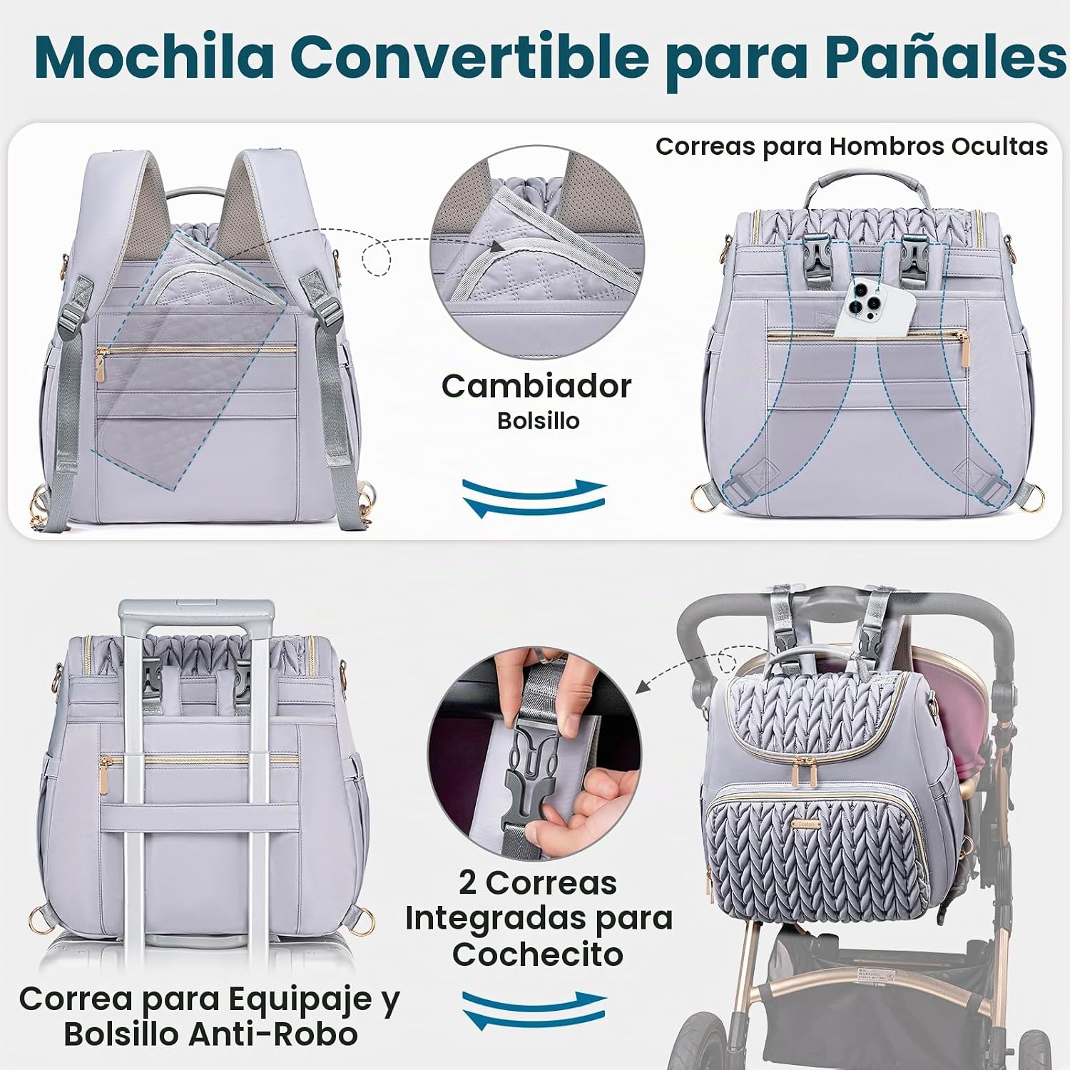 Mochila de pañales Tealari convertible de 4 en 1, bolsa de pañales...