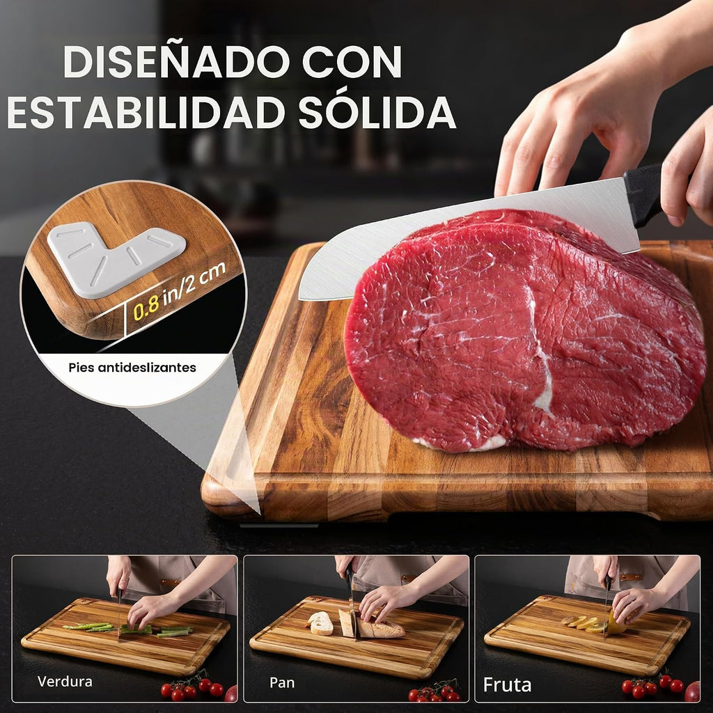 Juego de 4 tablas de cortar de madera de teca para cocina, resisten...