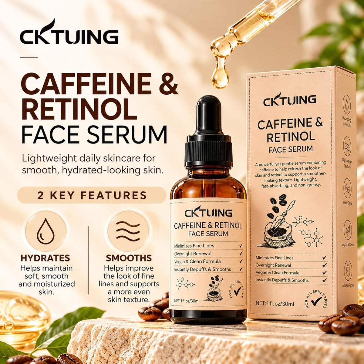 Suero facial de cafeína y retinol con ácido hialurónico, niacinamid...