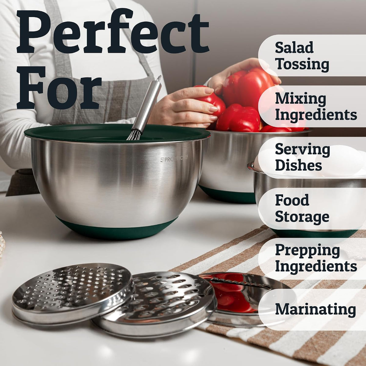 Priority Chef Juego de tazones para mezclar de acero inoxidable con...