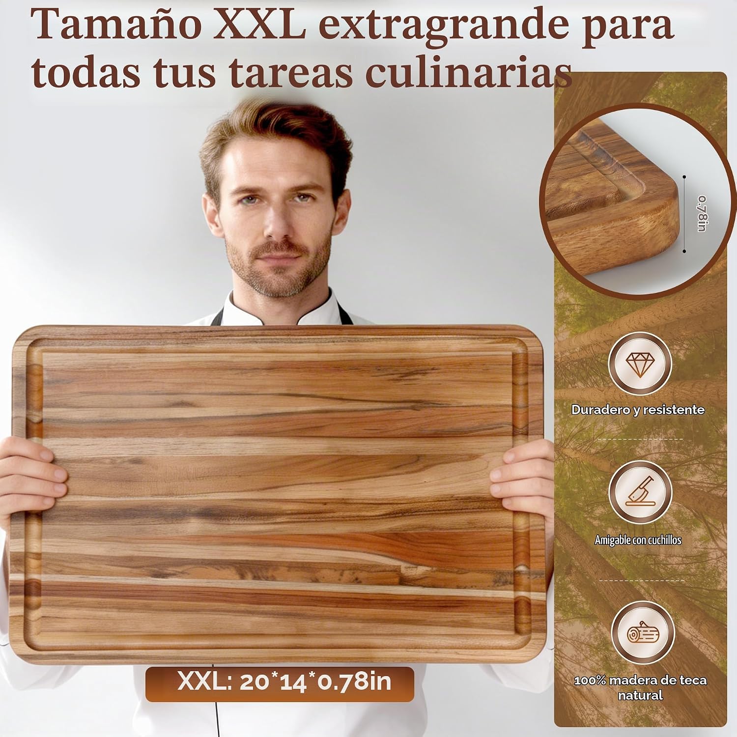 Tabla de cortar de teca XXL, tabla de cortar de madera no tóxica, m...