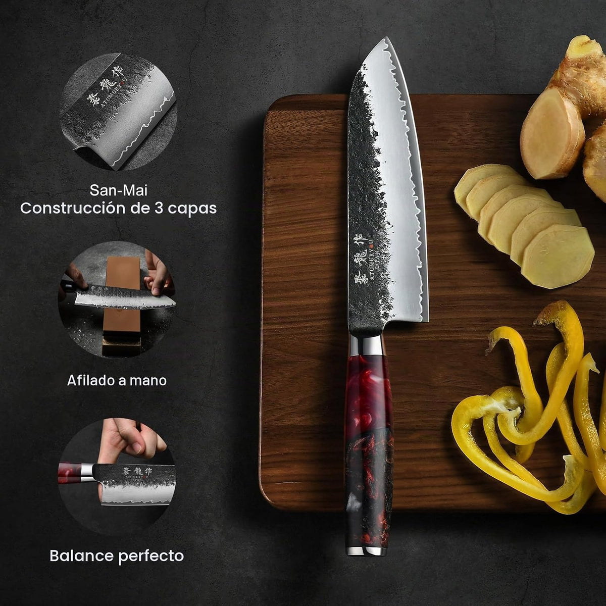 Cuchillo de chef japonés, cuchillo Santoku forjado a mano de 7 pulg...