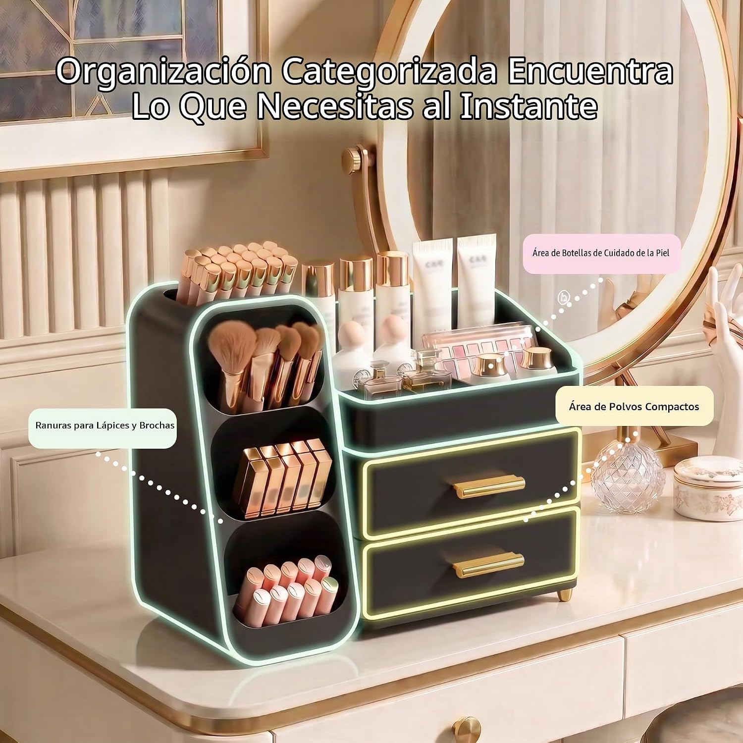 Asdbko Organizador de maquillaje de gran capacidad con soporte para...