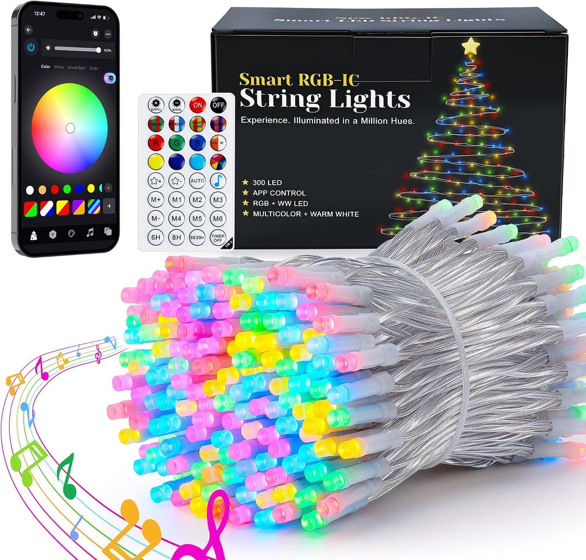 Pellimo Cadena de luces inteligentes de 300 LED con aplicación y co...