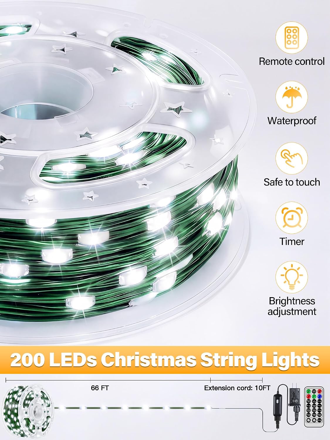 200 luces LED de Navidad de 66 pies IP67 impermeables, blanco frío...