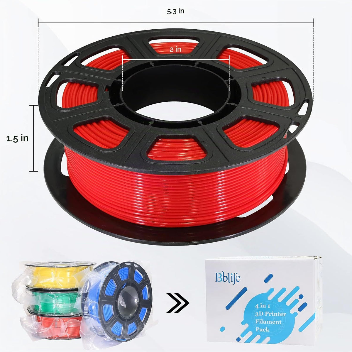 BBLIFE 1.75mm filamento de impresora 3D PLA 4 en 1 paquete: Rojo, A...