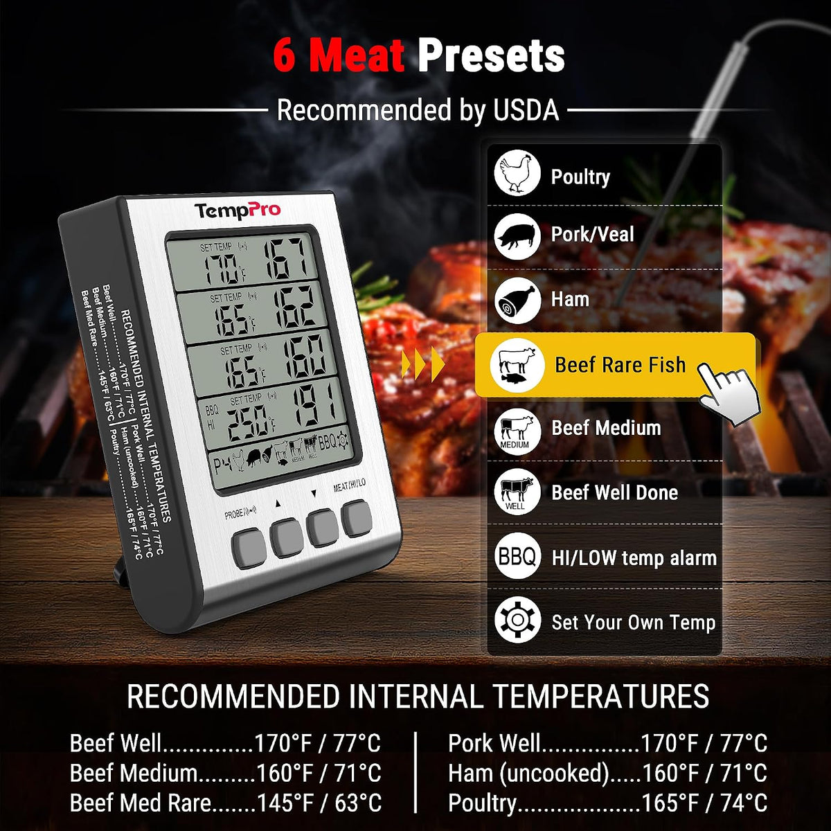 TempPro TempTrack Termómetro digital para carne con 4 sondas de tem...
