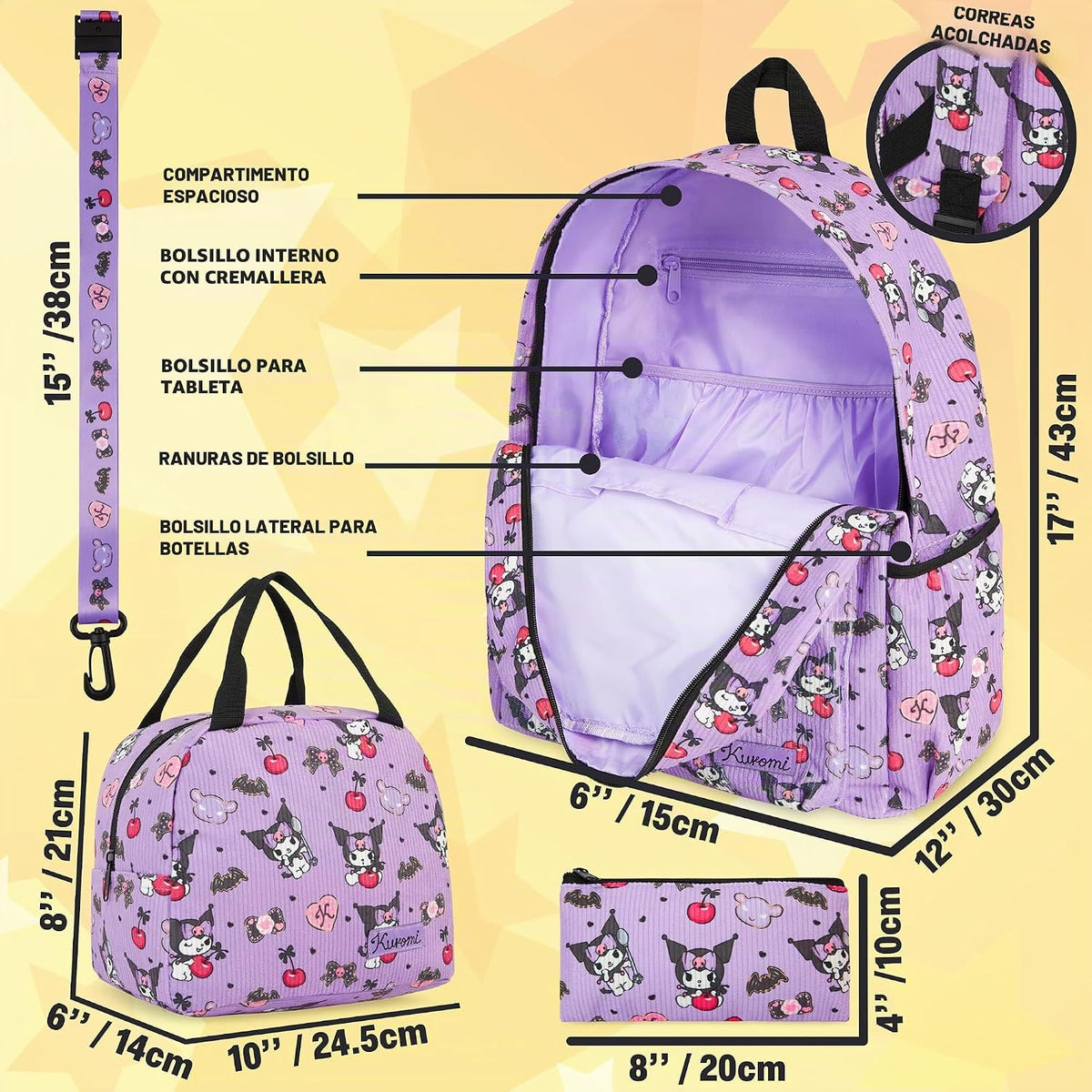 Get Trend Juego de 4 mochilas de pana para niñas Kuromi | Mochila d...