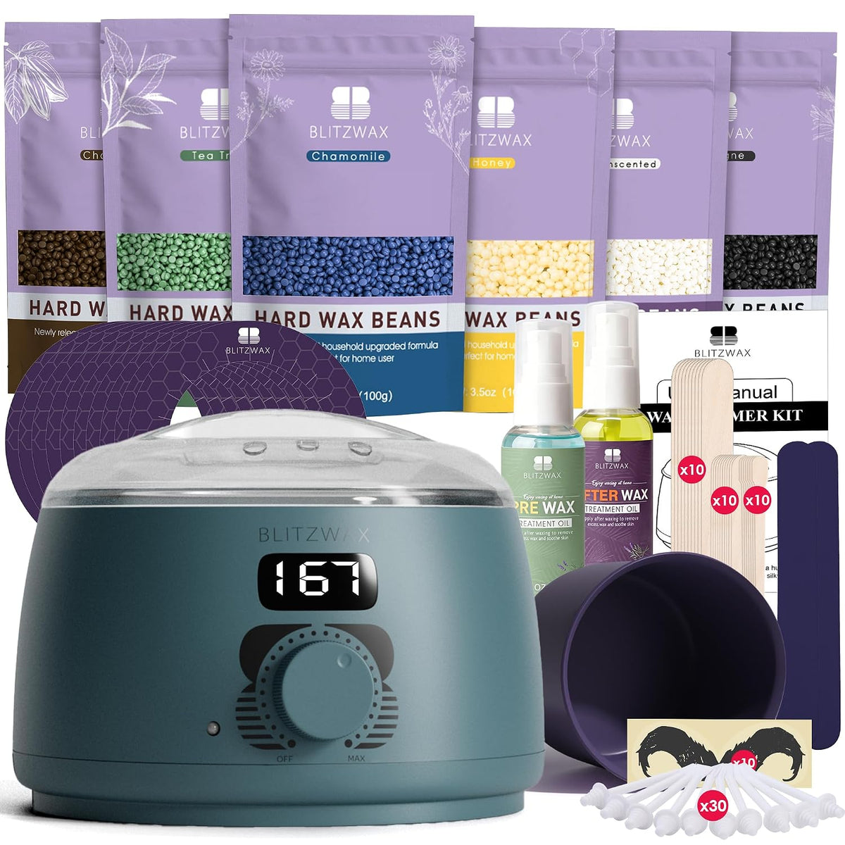 BLITZWAX Kit de depilación para hombres, calentador de cera brasile...