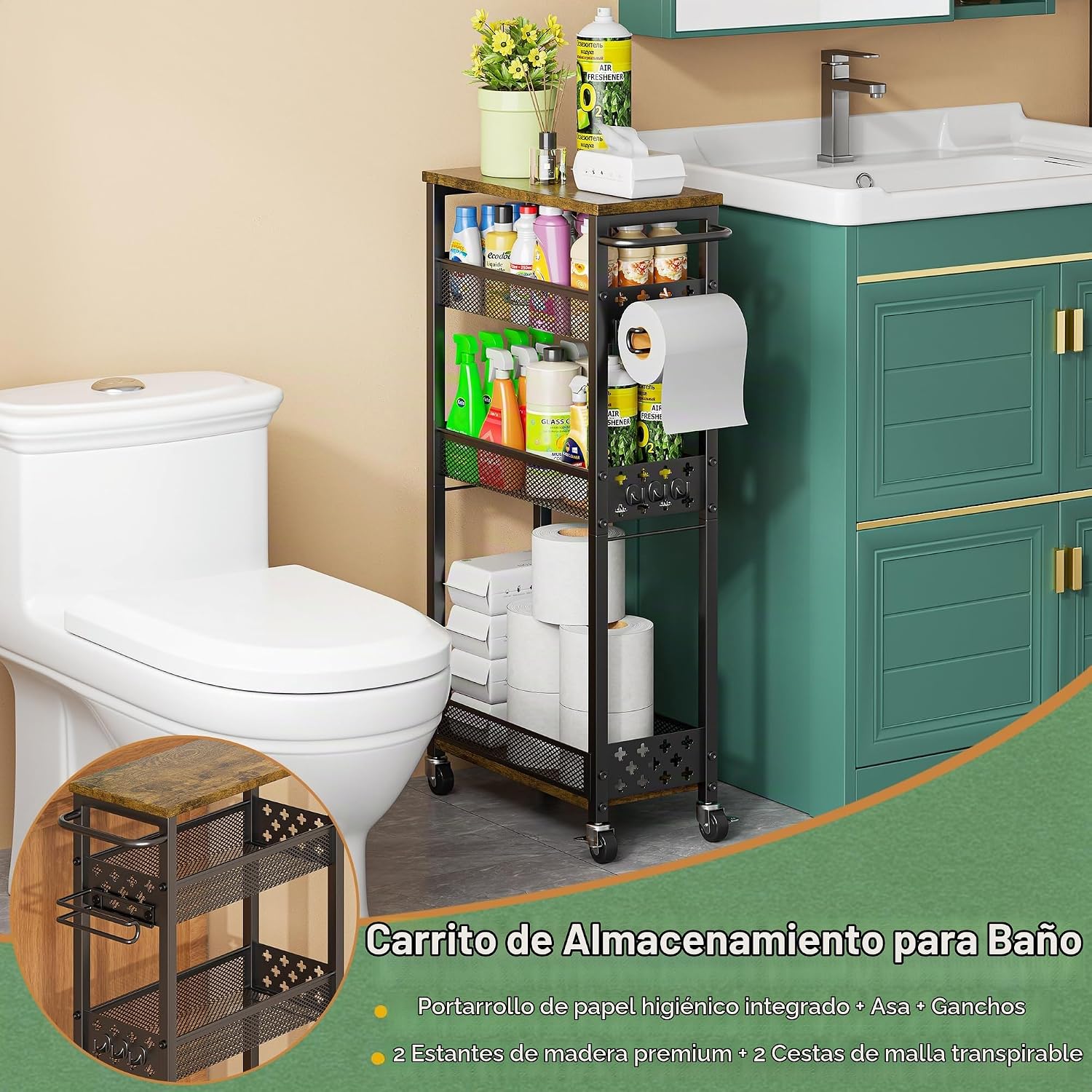 OKZEST Organizadores de baño delgados y carrito de almacenamiento c...