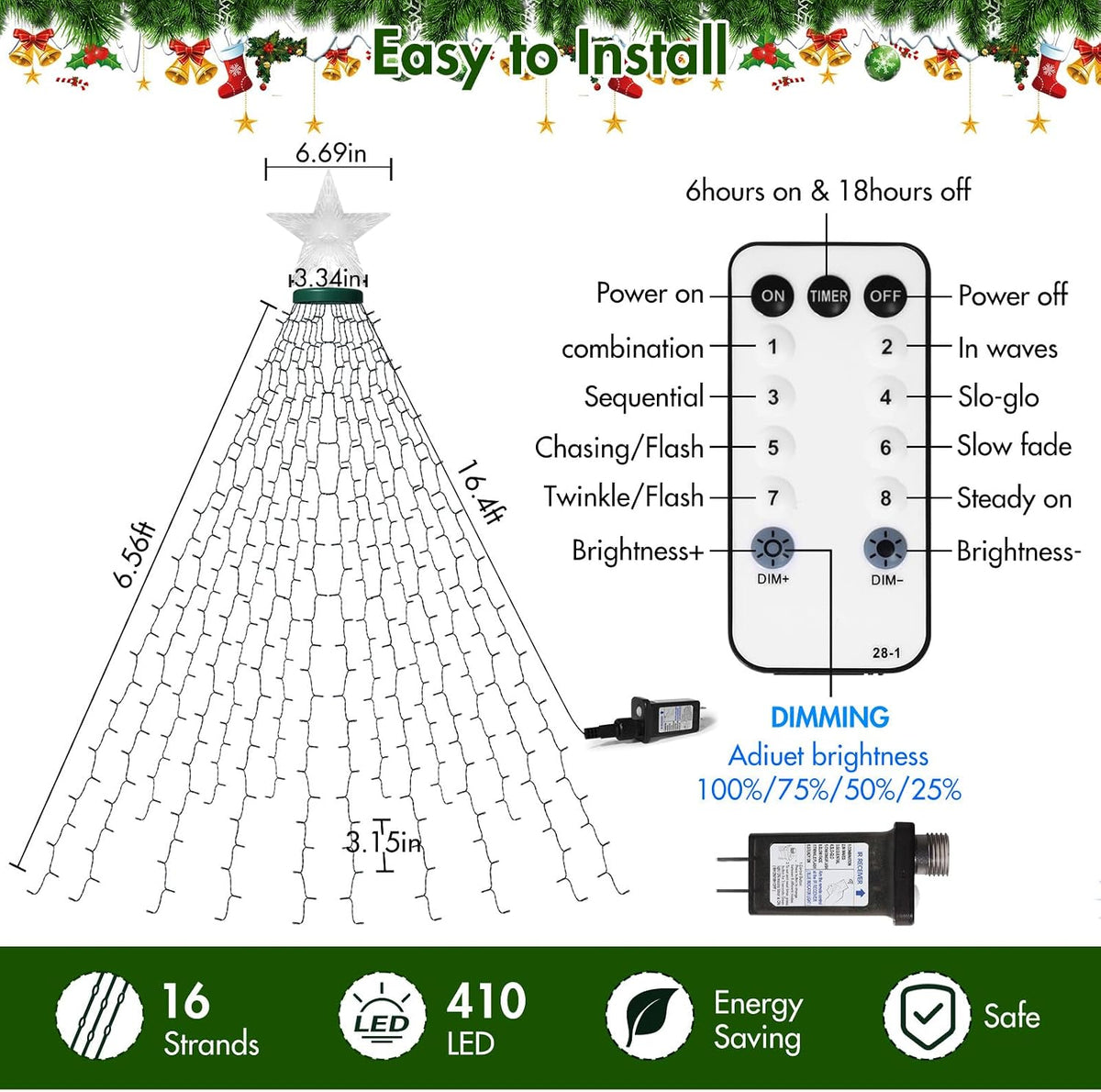 AMIPEPE - Luces de Navidad con estrella en la parte superior, 410 l...