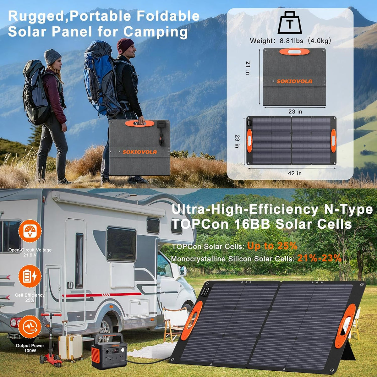 SOKIOVOLA N-Type 16BB 100W Panel solar portátil 18V ETFE Cargador s...