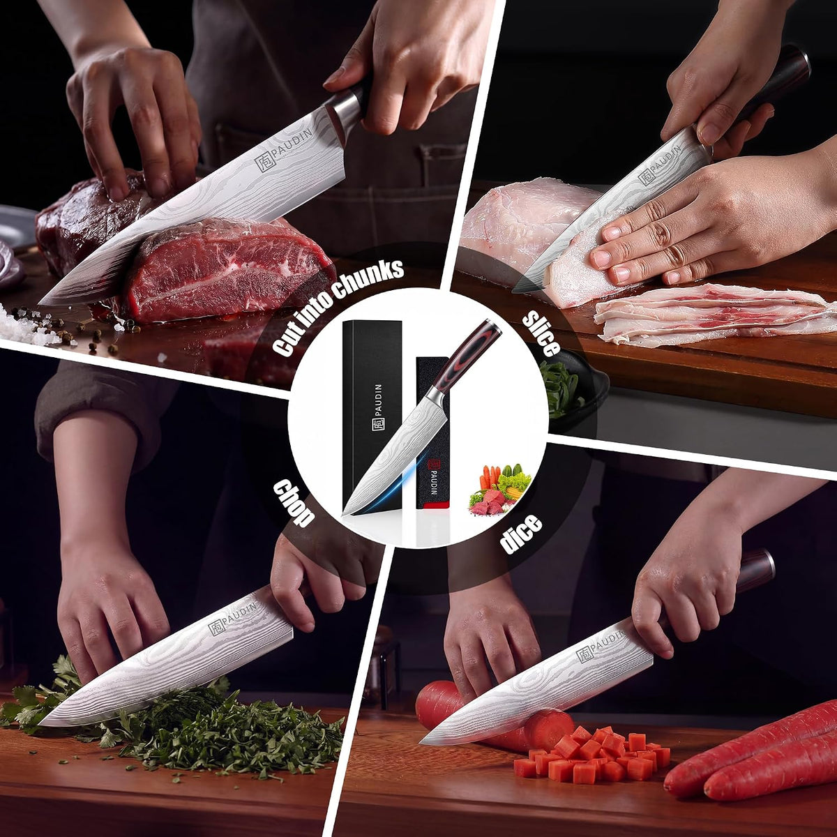 PAUDIN Cuchillo de chef, cuchillo de cocina afilado de acero inoxid...