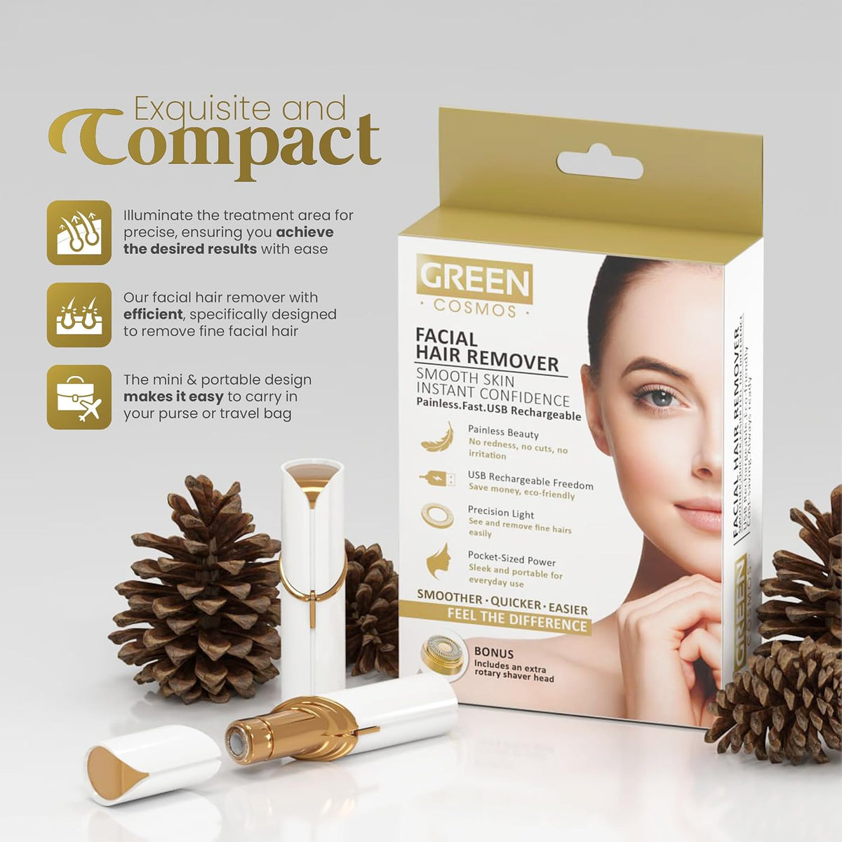 Removedor de vello facial para mujer, recargable por USB, 2 cabezal...