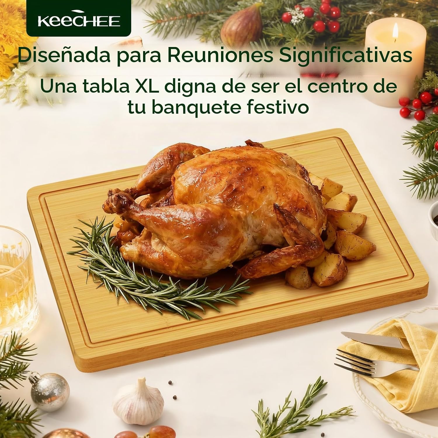 Keechee Kitchen Essentials Tabla de cortar de bambú natural XL con...