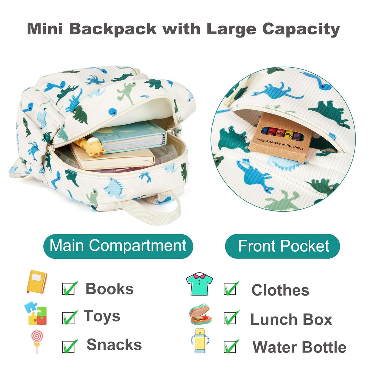 Mochila de pana para niños pequeños con correa desmontable y eslabó...