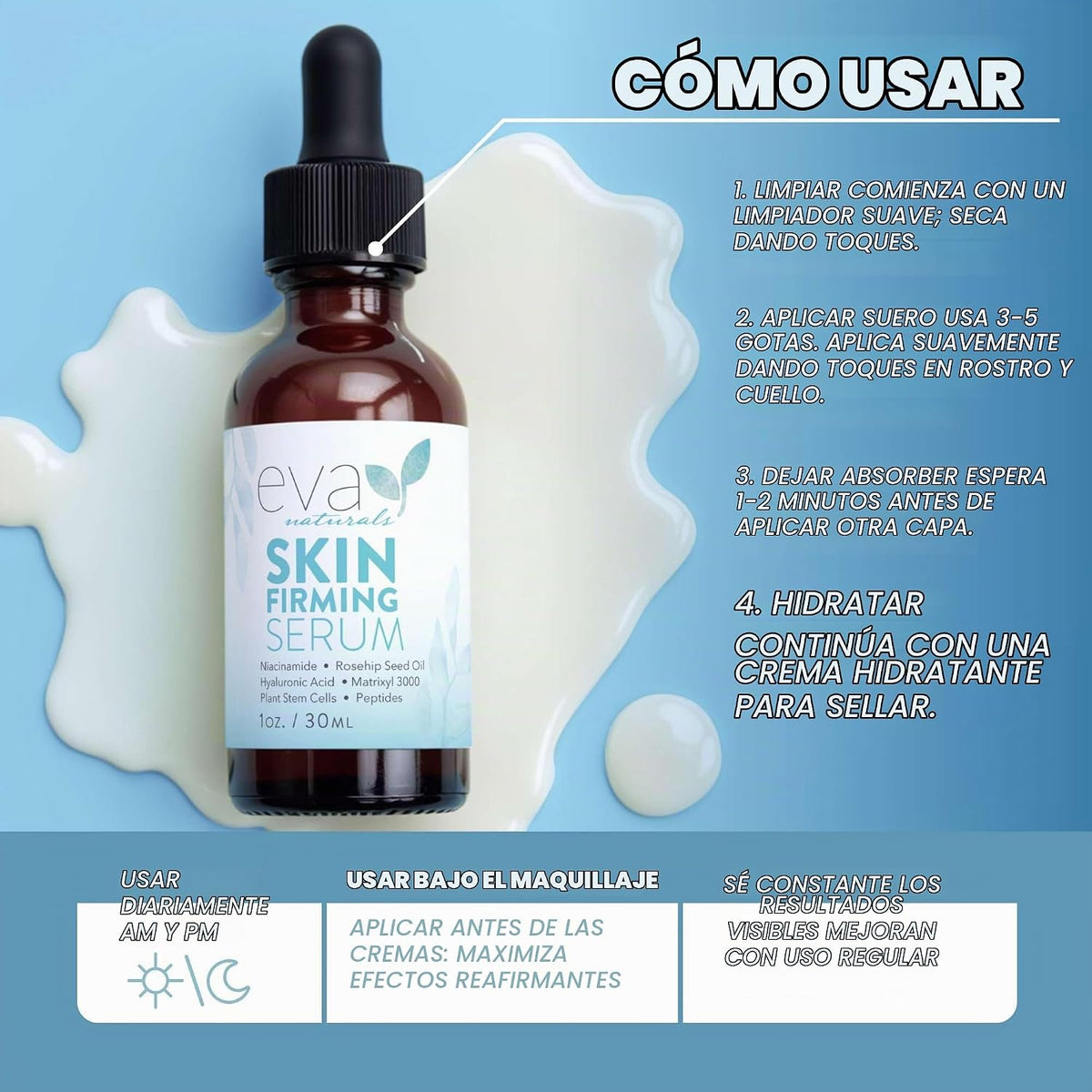 Eva Naturals Suero reafirmante de la piel de (1 oz), suero de día o...