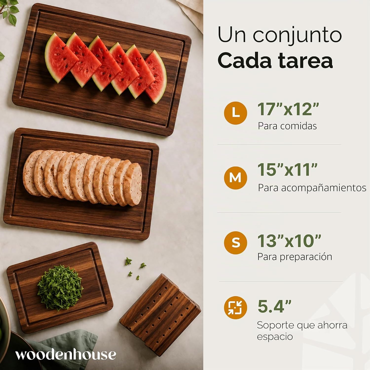 Juego de 3 tablas de cortar de madera de acacia con soporte, ranura...