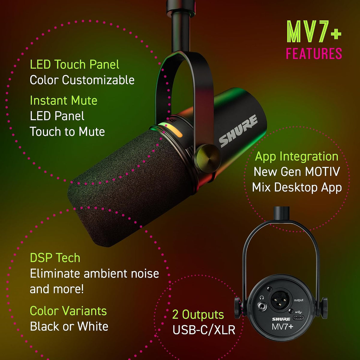 Shure MV7+ Micrófono dinámico para podcast USB-C y XLR - Negro | Mi...