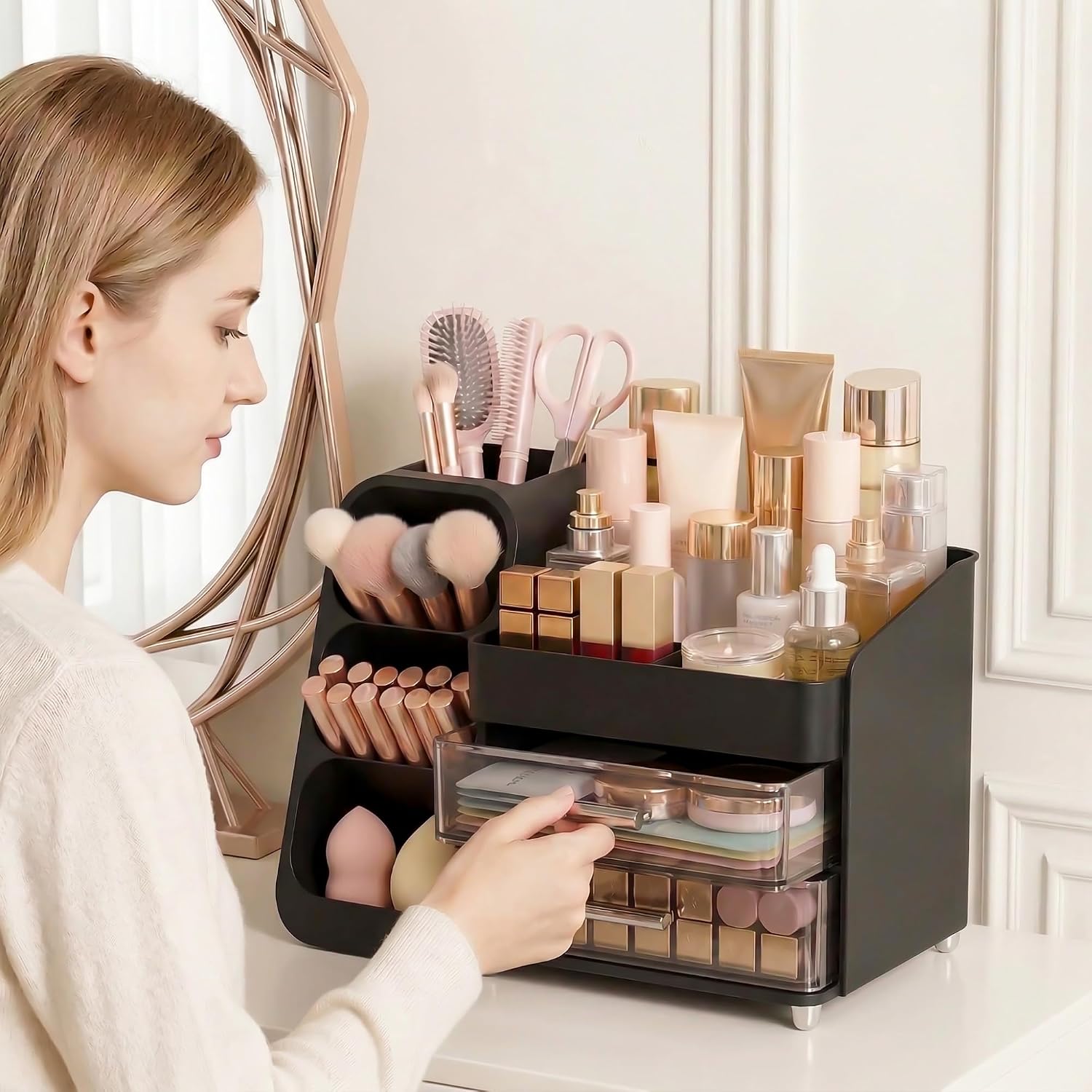Organizador de maquillaje de gran capacidad con soporte para brocha...