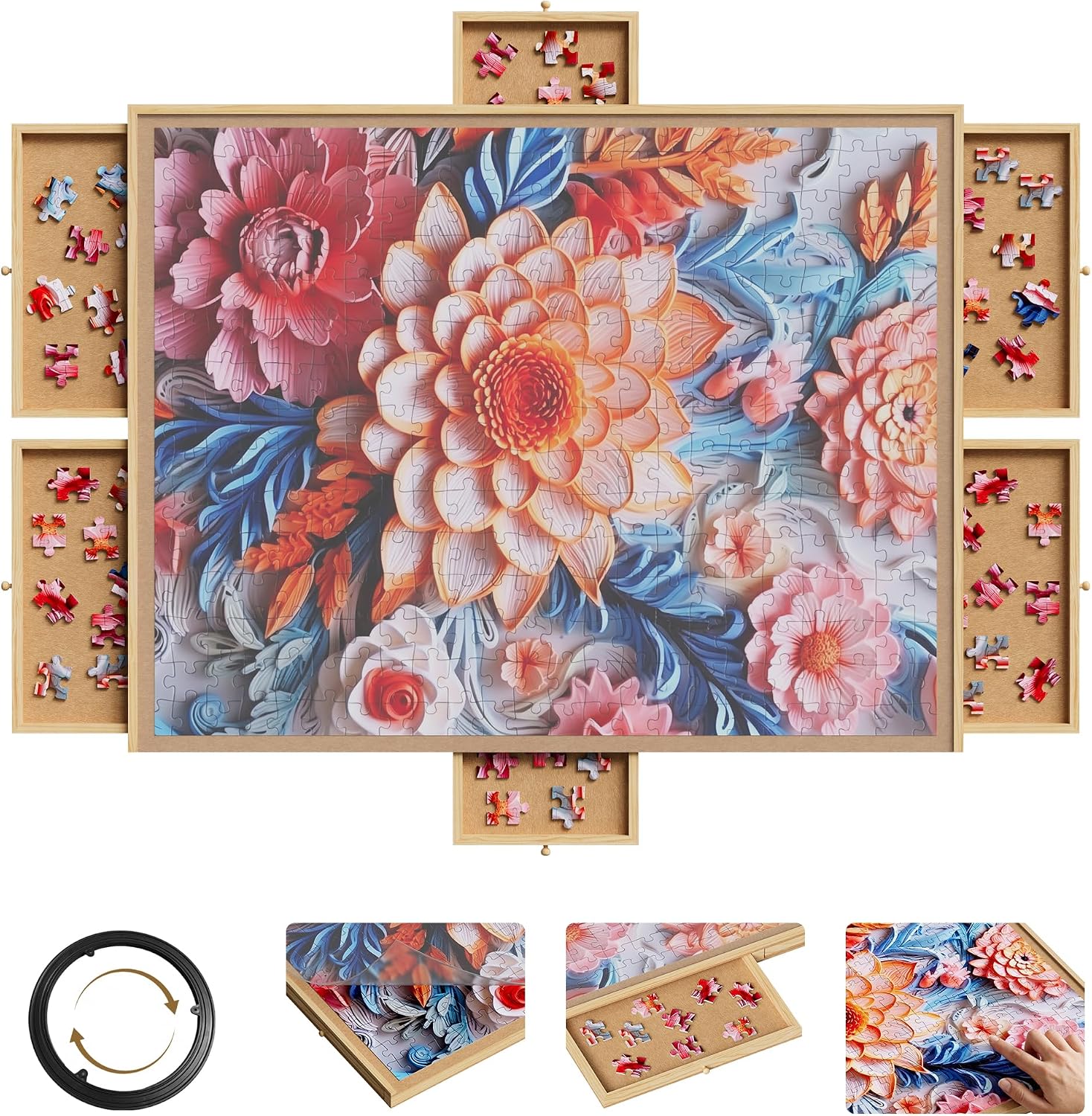 1500 Piece Rotating Puzzle Board with 6 Drawers & Cover, 27"x 35" Wooden Puzzle Table, Jigsaw Puzzle Organizer & Storage Tray, Gift for Puzzle Lover, Adults & Family Game Night