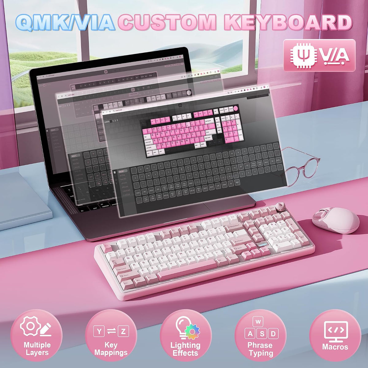 YUNZII Teclado mecánico inalámbrico B98 PRO 96% (rosa, interruptor...