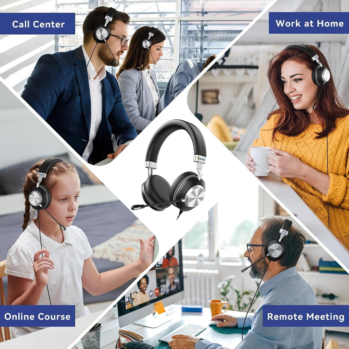Wantek - Auriculares USB con micrófono para PC, auriculares para co...