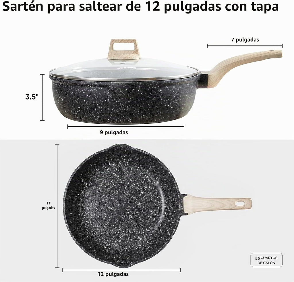 CAROTE Sartén antiadherente de 10\/12\/12.5 pulgadas con tapa, sart...