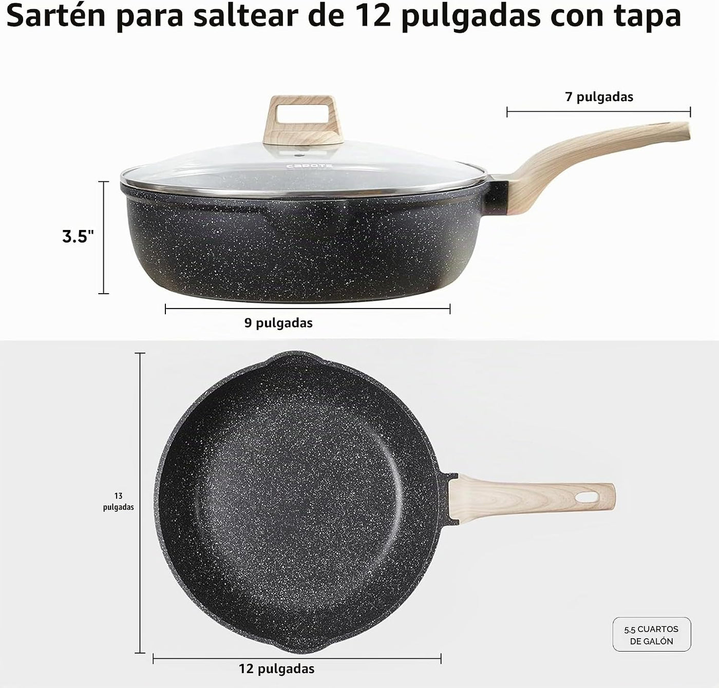 CAROTE Sartén antiadherente de 10\/12\/12.5 pulgadas con tapa, sart...