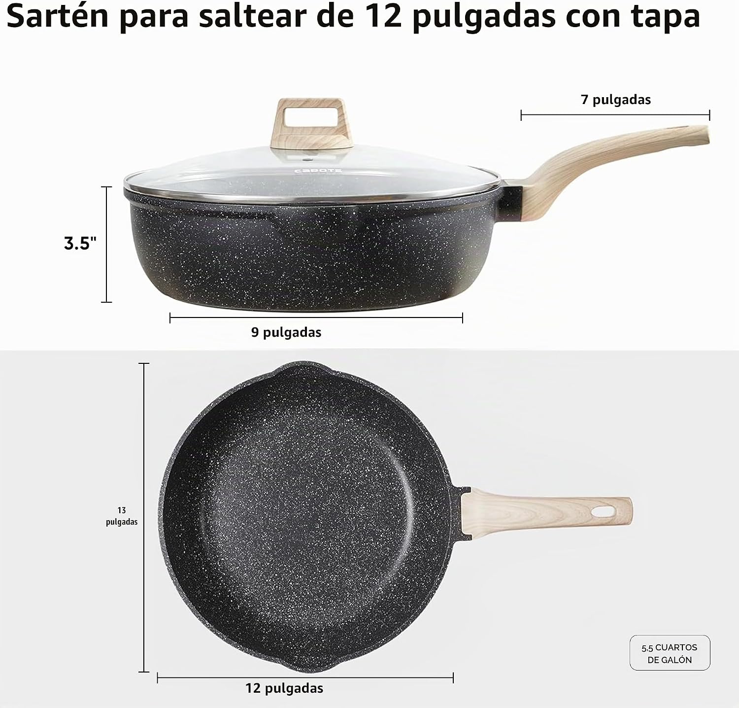 CAROTE Sartén antiadherente de 10\/12\/12.5 pulgadas con tapa, sart...