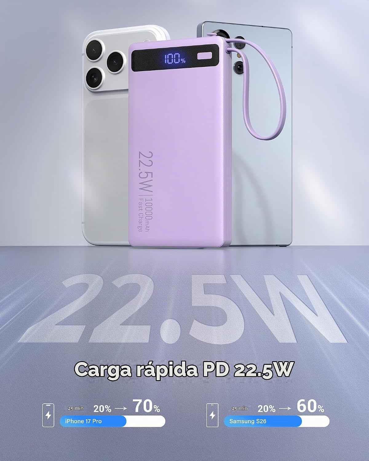 Cargador portátil 10000mAh incorporado 2 cables, 22.5W PD 40% más d...