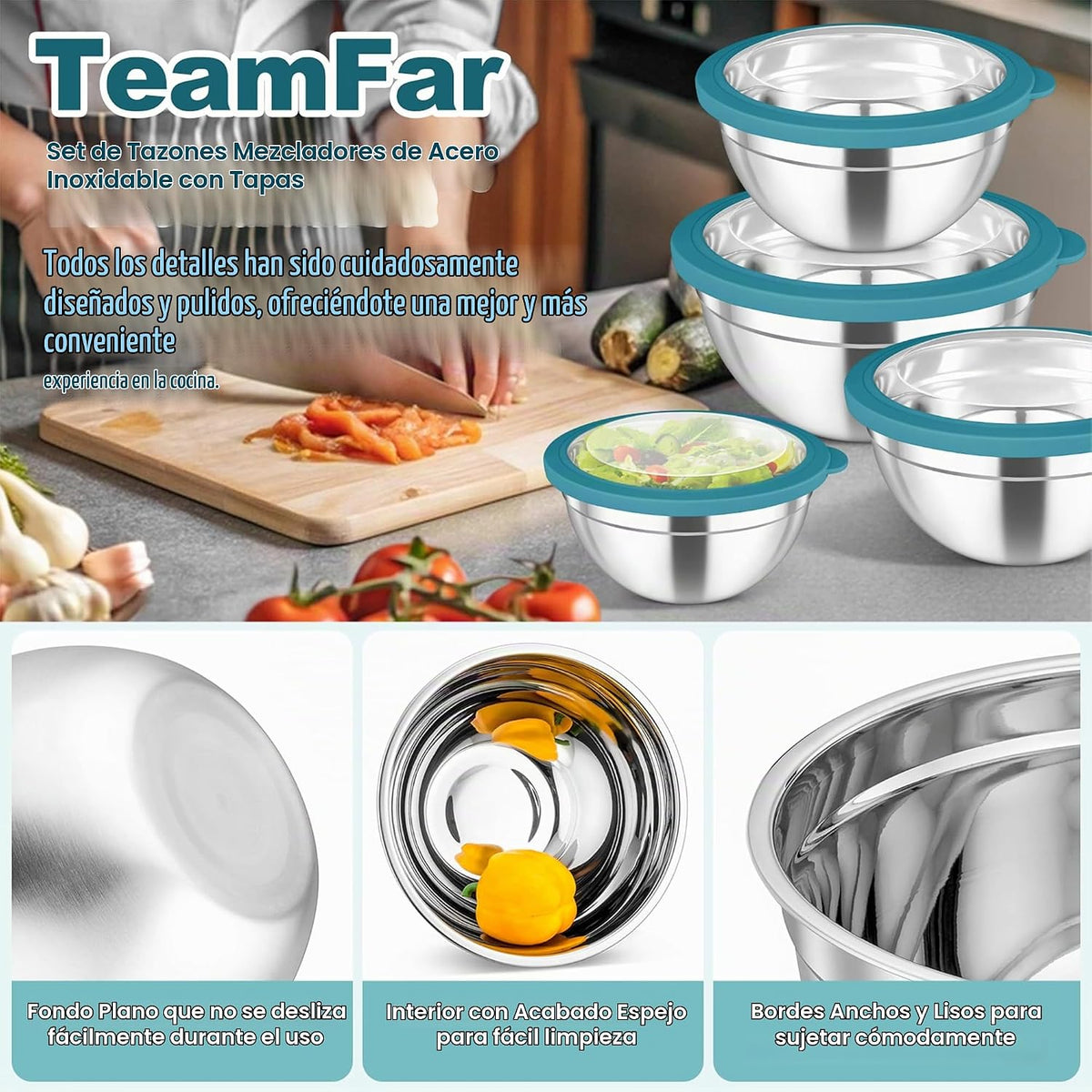 TeamFar - Juego de 5 tazones para mezclar con tapas, de acero inoxi...