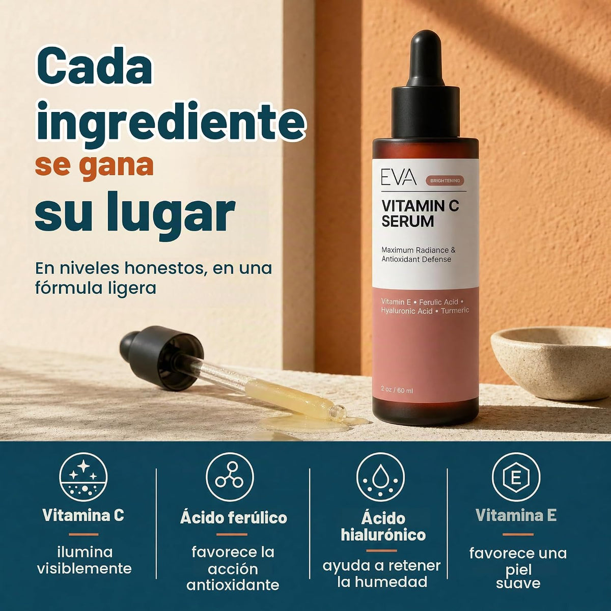Eva Naturals Suero de vitamina C para cara, 20% de vitamina C, ácid...