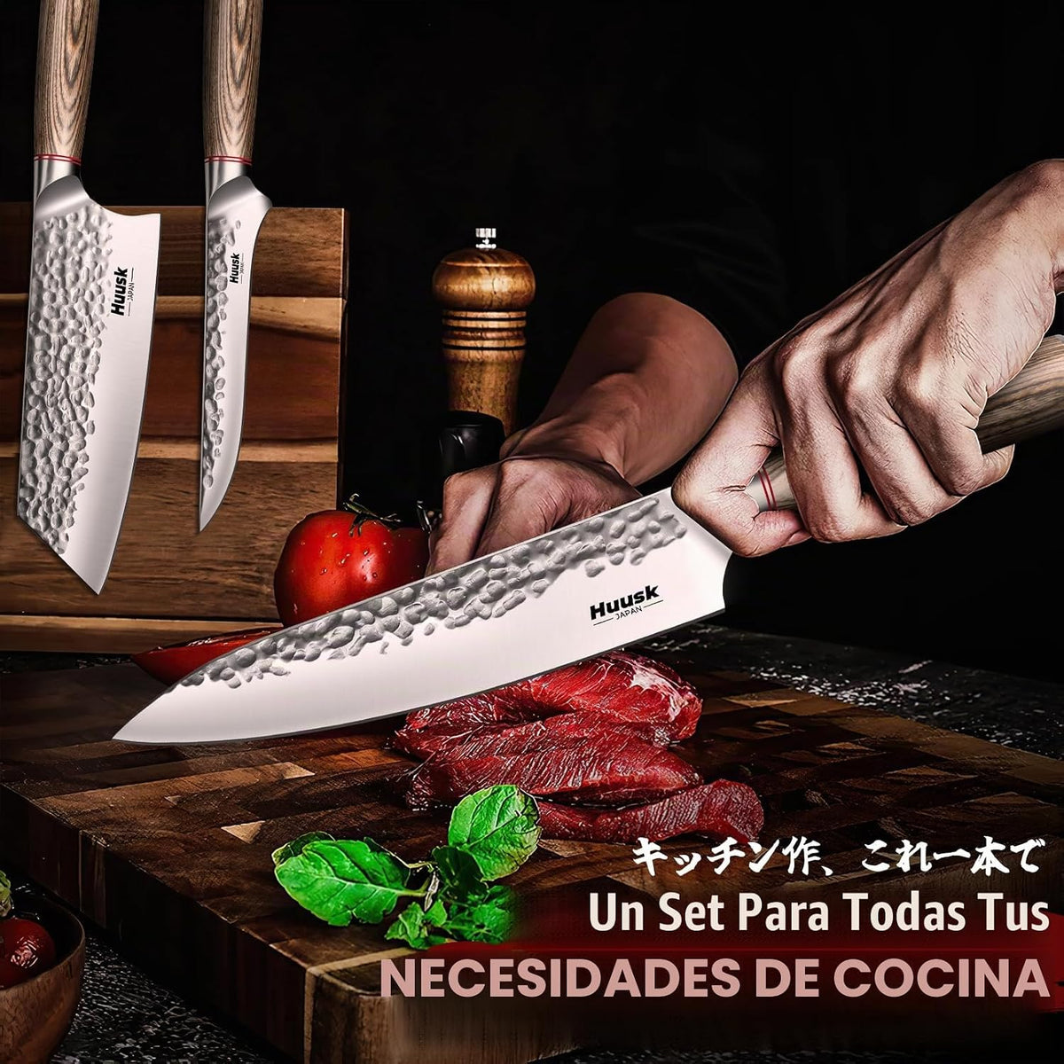 Huusk - Juego de 3 cuchillos de cocina japoneses, juego de cuchillo...