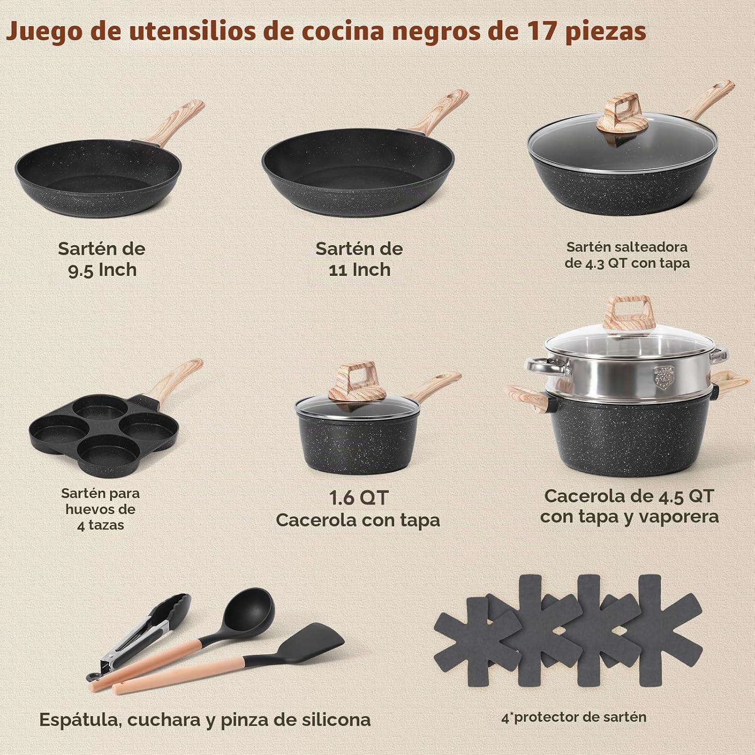 SODAY - Juego de ollas y sartenes antiadherentes, 17 piezas de uten...