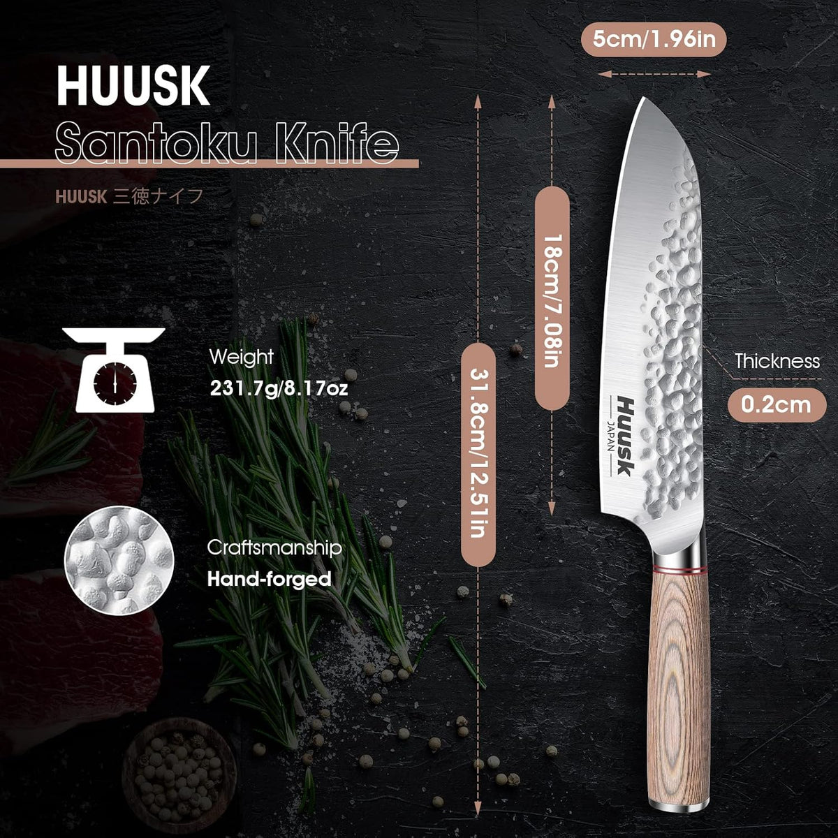 Huusk - Cuchillo de chef japonés para cocina, cuchillo Santoku de a...