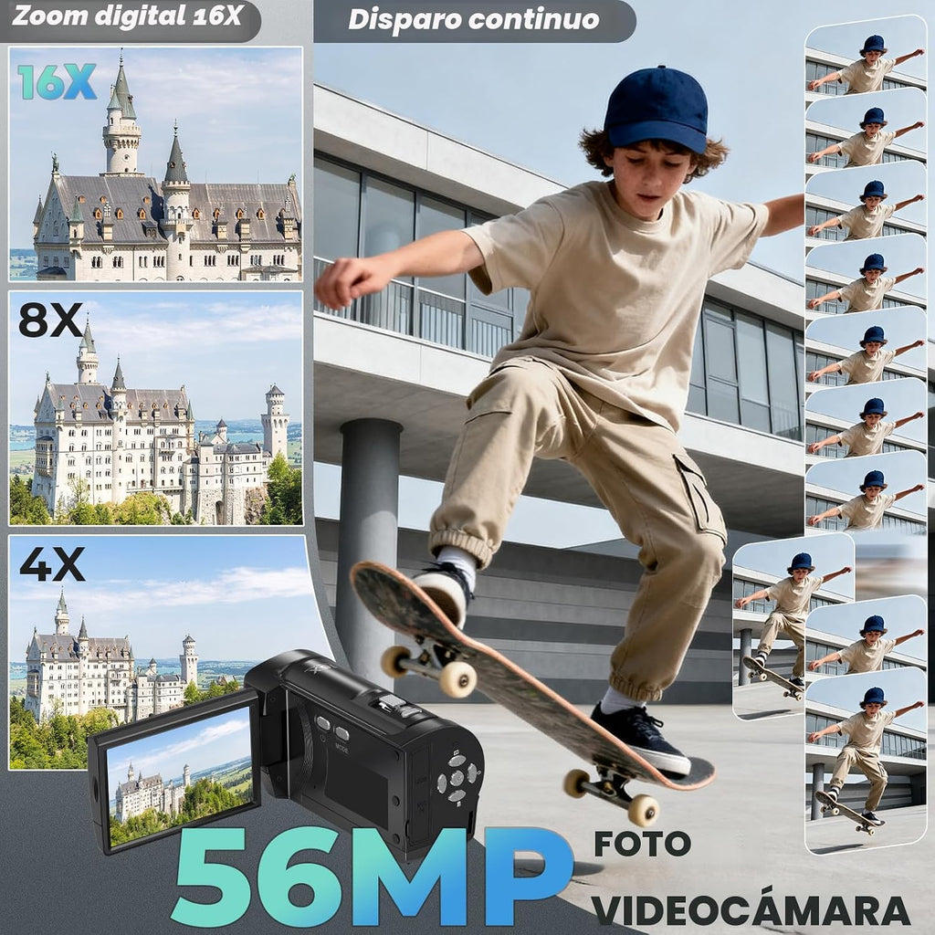 Gcasio Cámara de vídeo 2.7K videocámara QHD 56MP YouTube Vlogging C...