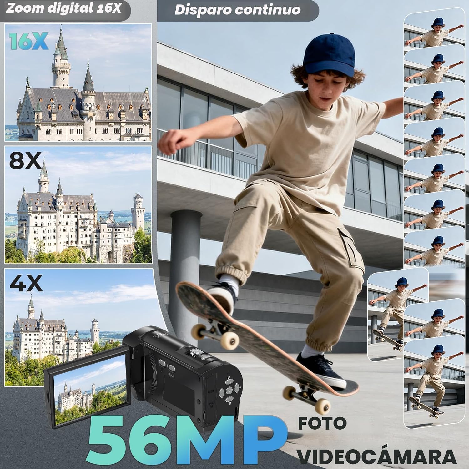 Gcasio Cámara de vídeo 2.7K videocámara QHD 56MP YouTube Vlogging C...