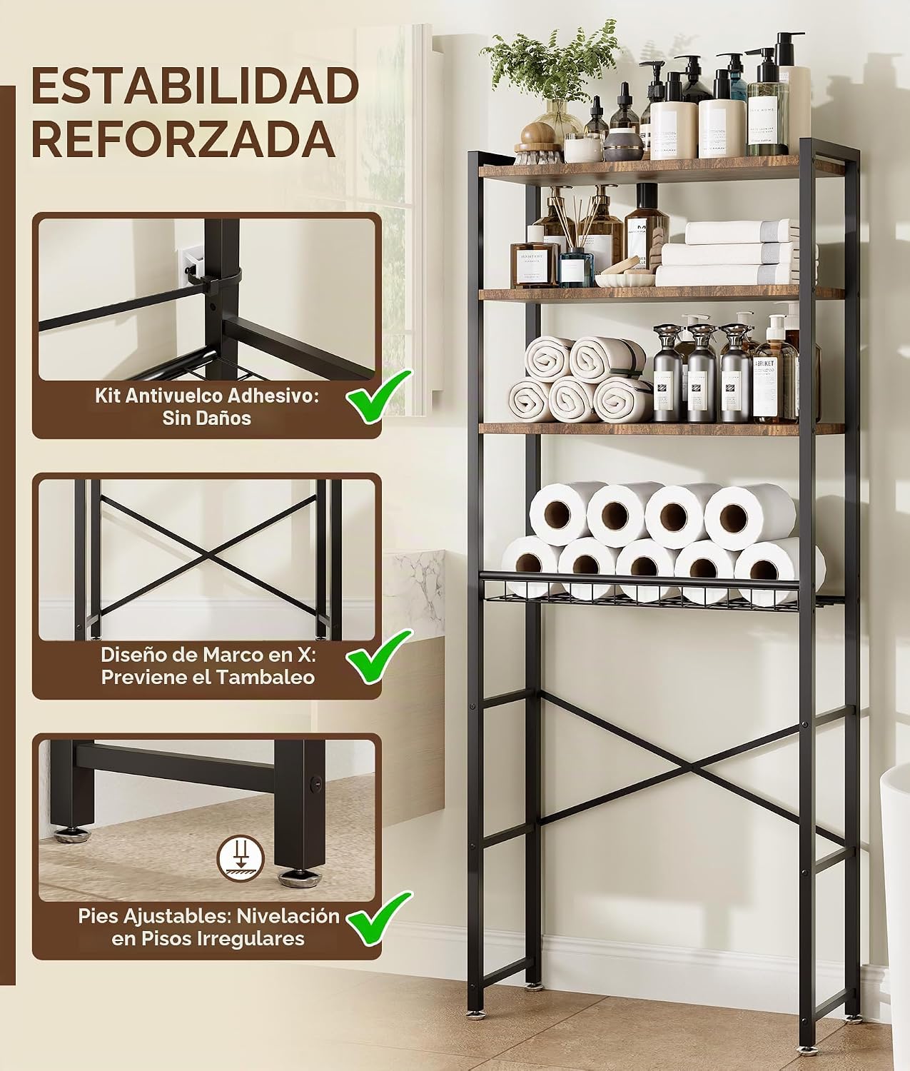 Estante de almacenamiento de 4 niveles sobre el inodoro con estante...