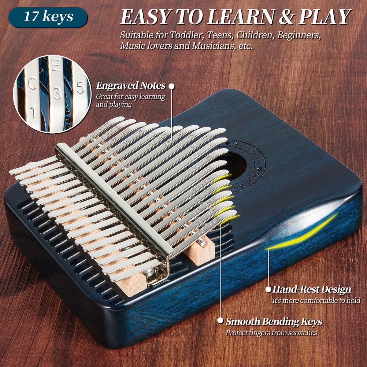 Kalimba - Piano de pulgar con 17 teclas, color azul