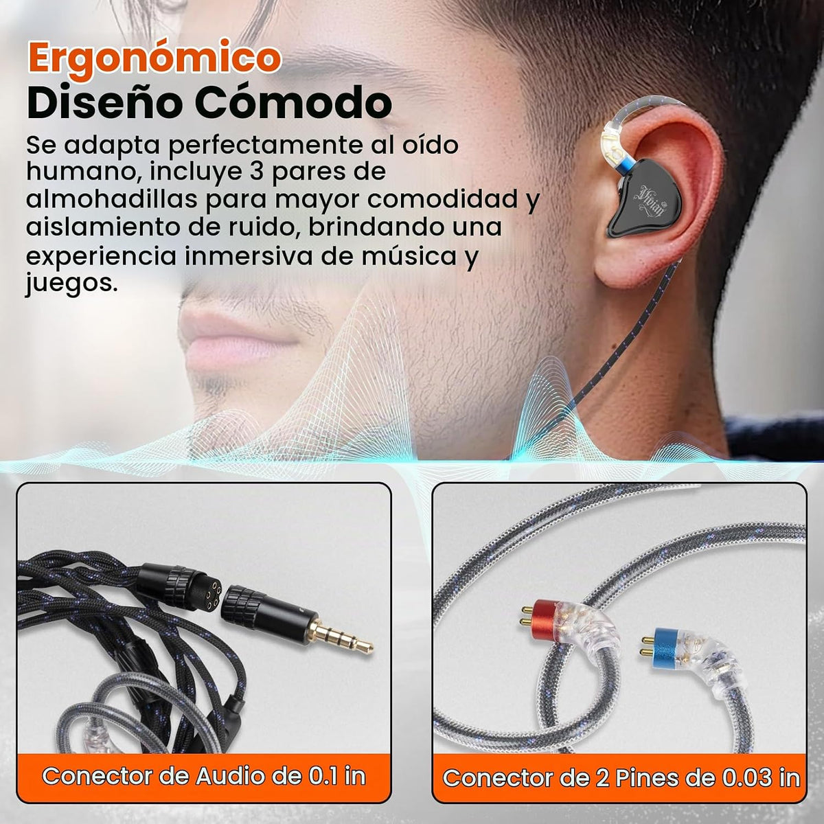 Auriculares IEM con cable para juegos con conector de 0.138 in, mon...