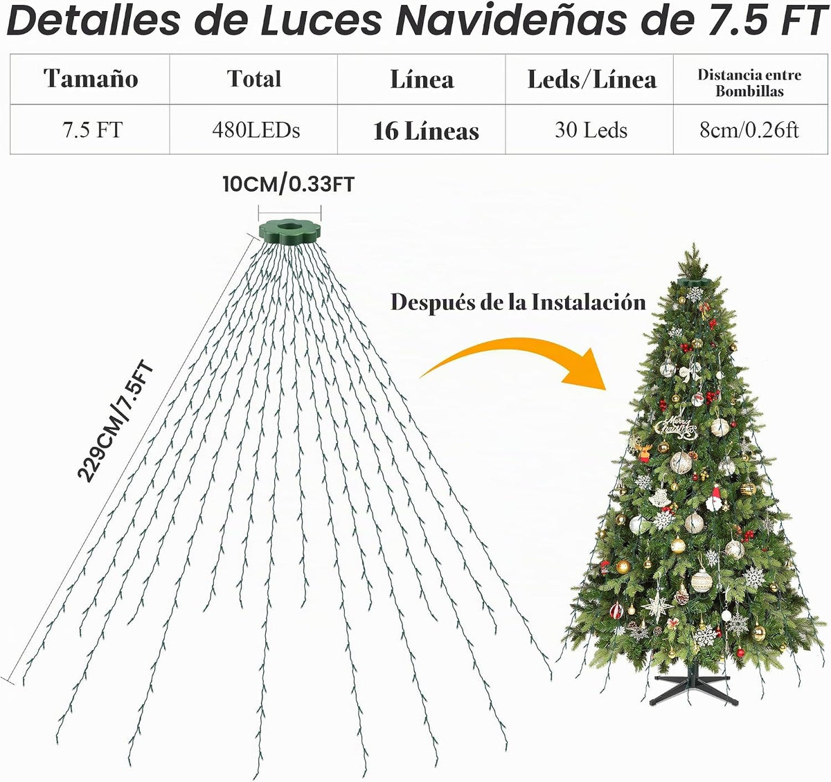 Mlambert Luces de árbol de Navidad, 7.5 pies, 16 líneas, tira de lu...