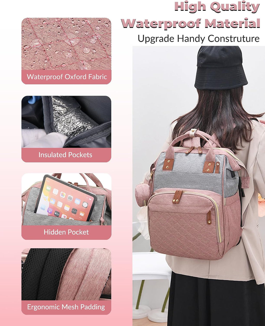 Lamroro Bolsa de pañales con cambiador, mochila impermeable 3 en 1...