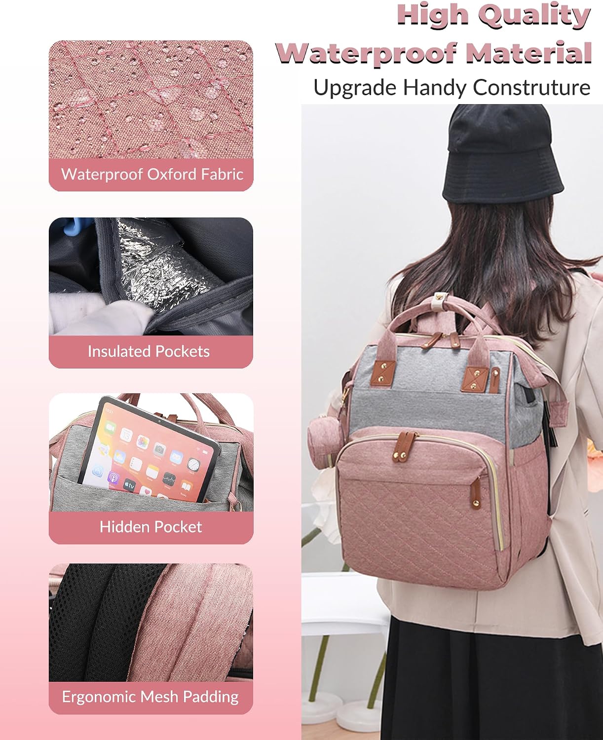 Lamroro Bolsa de pañales con cambiador, mochila impermeable 3 en 1...