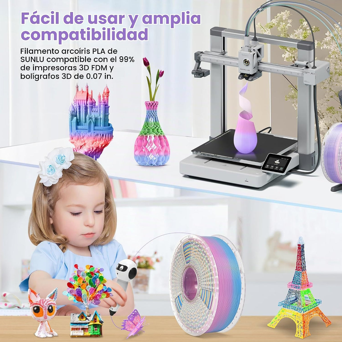 SUNLU Filamento para impresora 3D, filamento PLA arcoíris de 0.07 i...