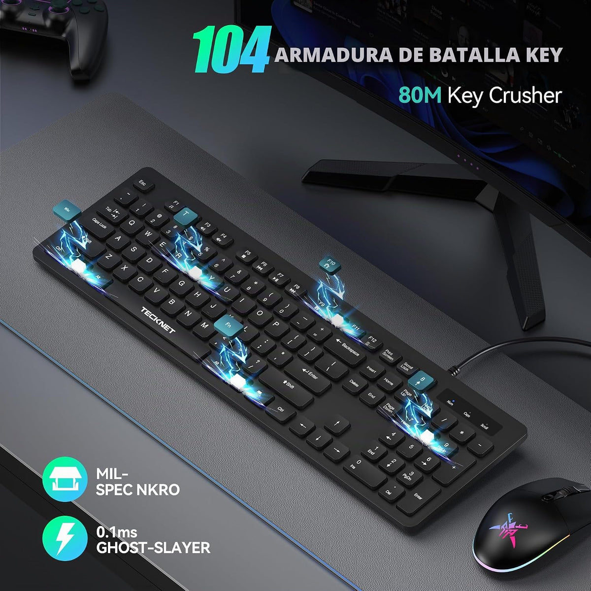 TECKNET Teclado con cable, escritura silenciosa, diseño de tamaño c...